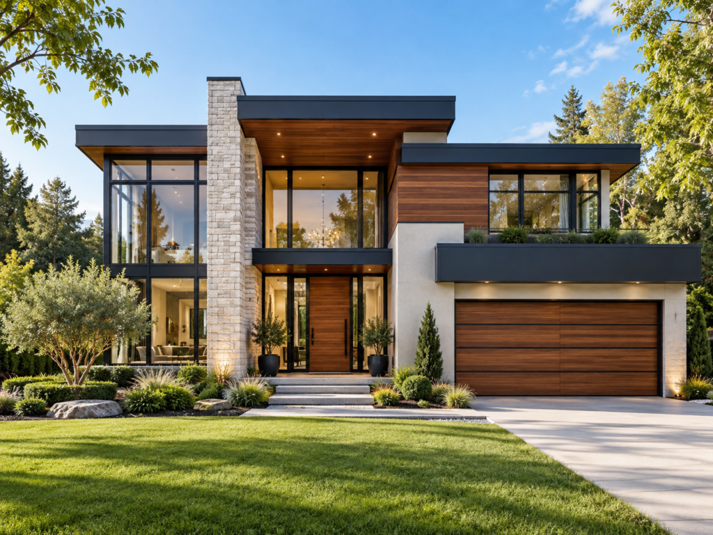 Contemporary home featuring flat rooflines, floor-to-ceiling windows, natural wood, and stone exterior finishes.