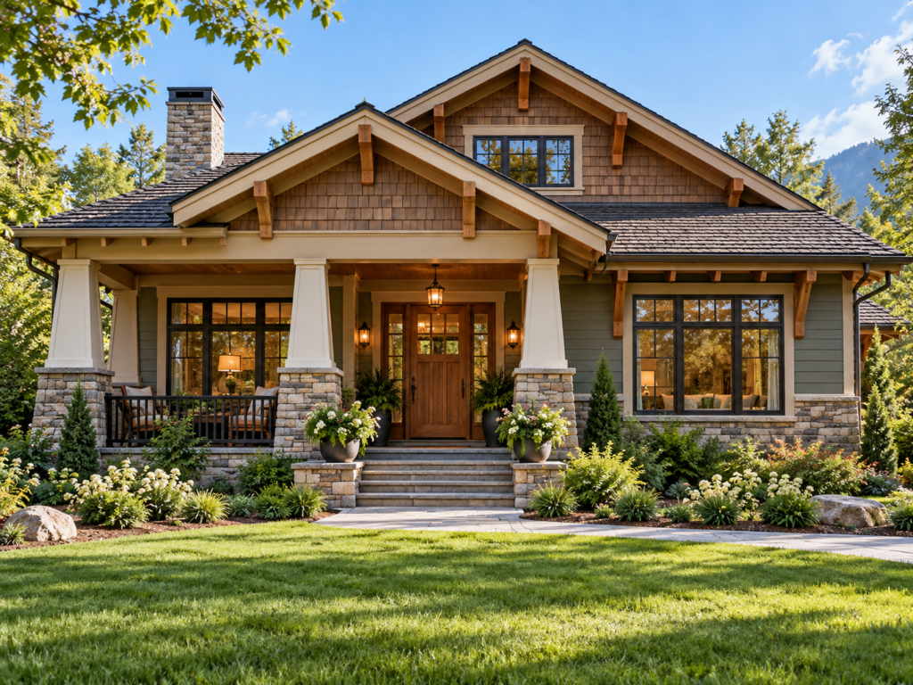 Craftsman style home with covered front porch, tapered columns, stone accents, and natural wood details. Filename: craftsman-house-plans.jpg