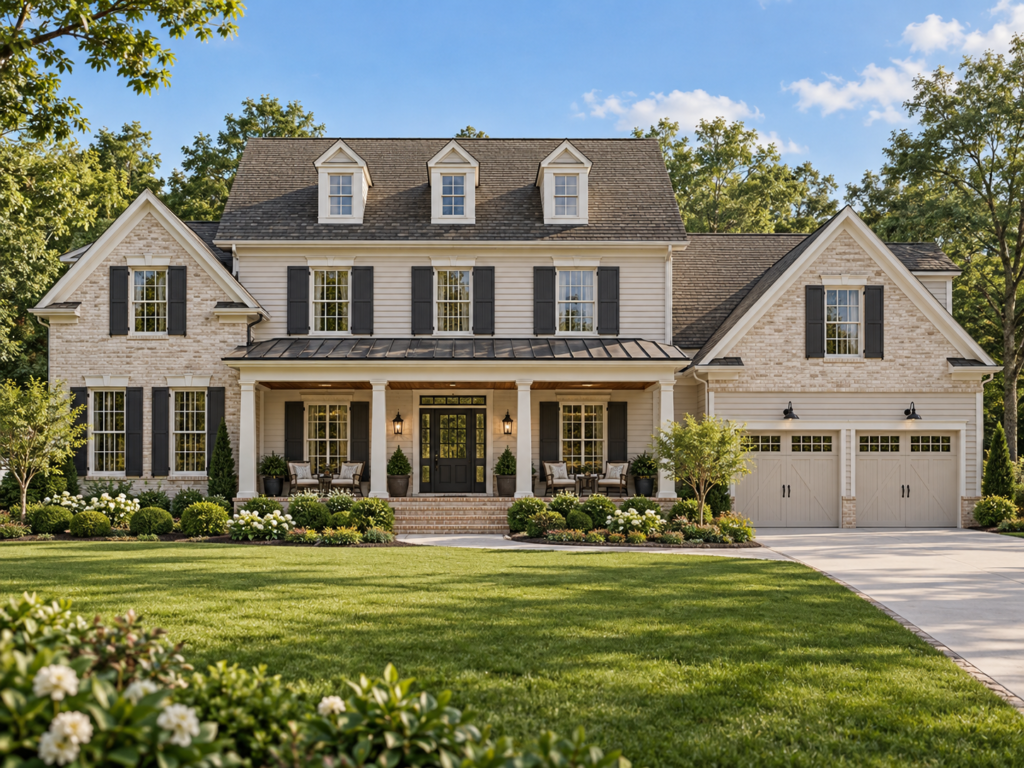 Stratford Traditional two-story home with symmetrical windows, classic columns, and elegant exterior detailing. Filename: traditional-house-plans.jpg